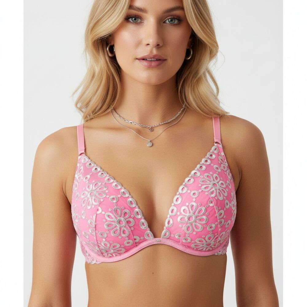 Victoria's Secret Pink & White Eyeley Lace Pigeonnant Padded Push Up Bra 34DD